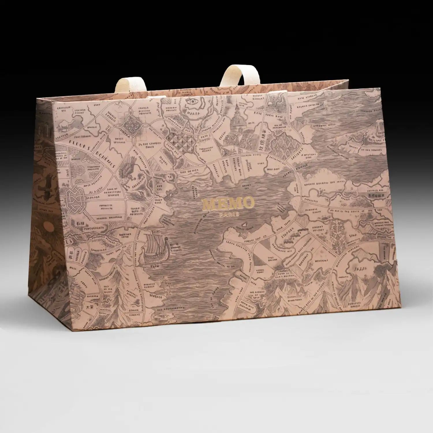 A brown shopping bag with an old-world map design and two light-colored ribbon handles.