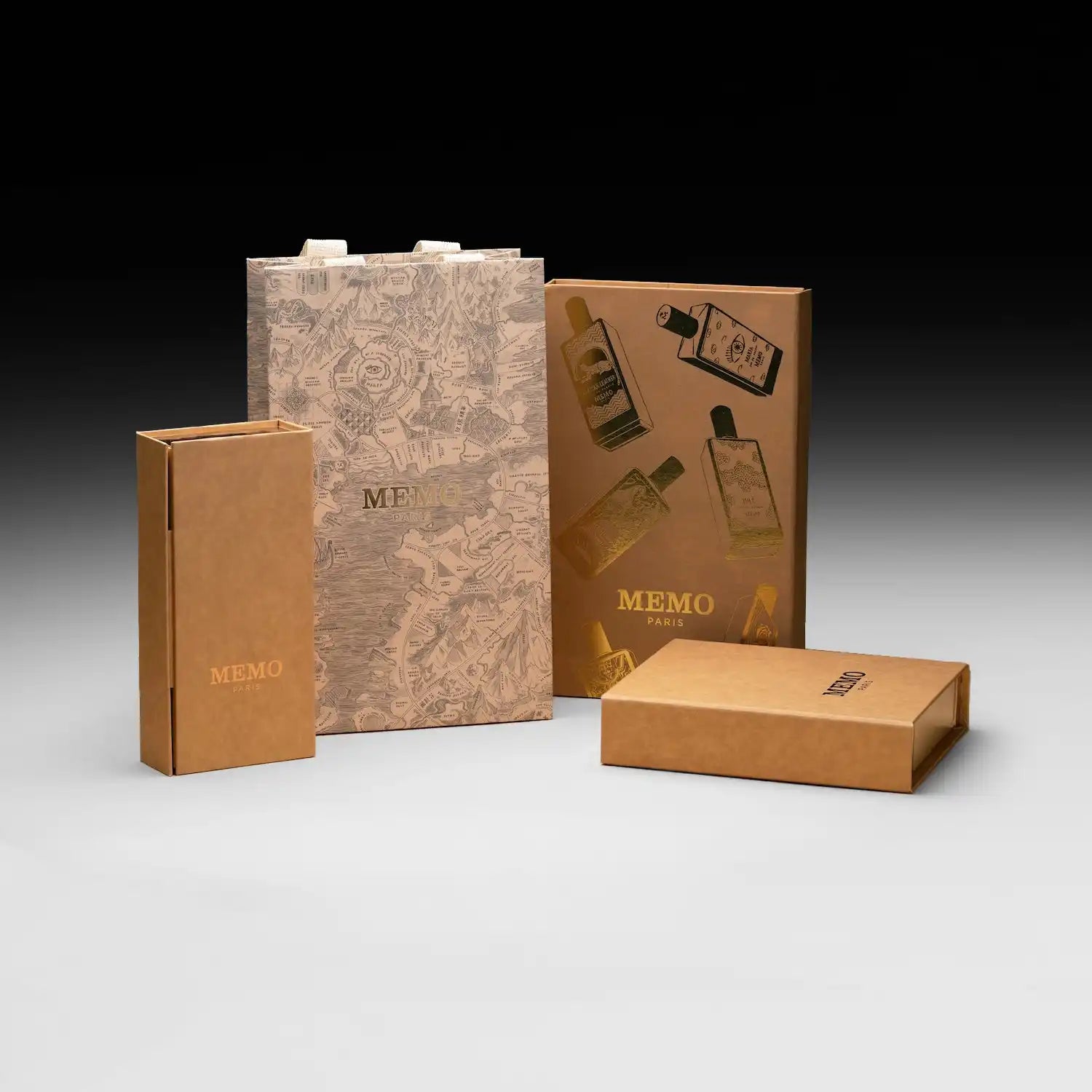 A collection of brown cardboard perfume boxes and bags.