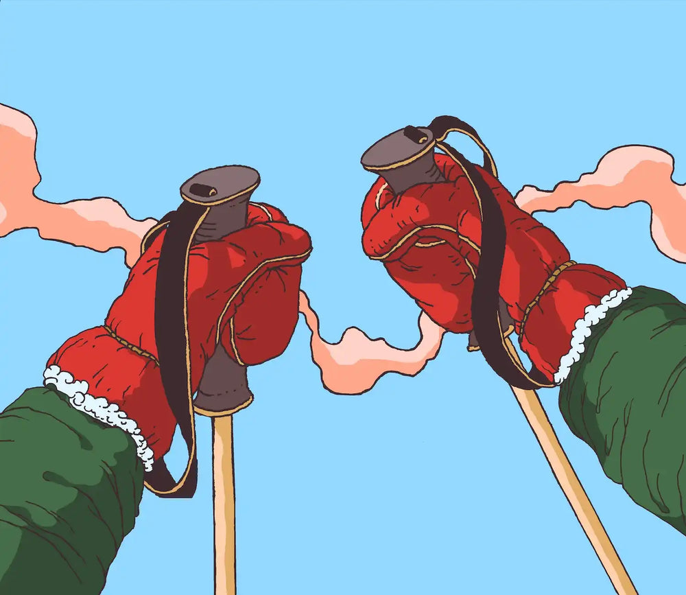Gloved hands holding ski poles.