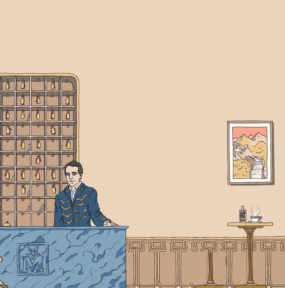 Hotel lobby scene.