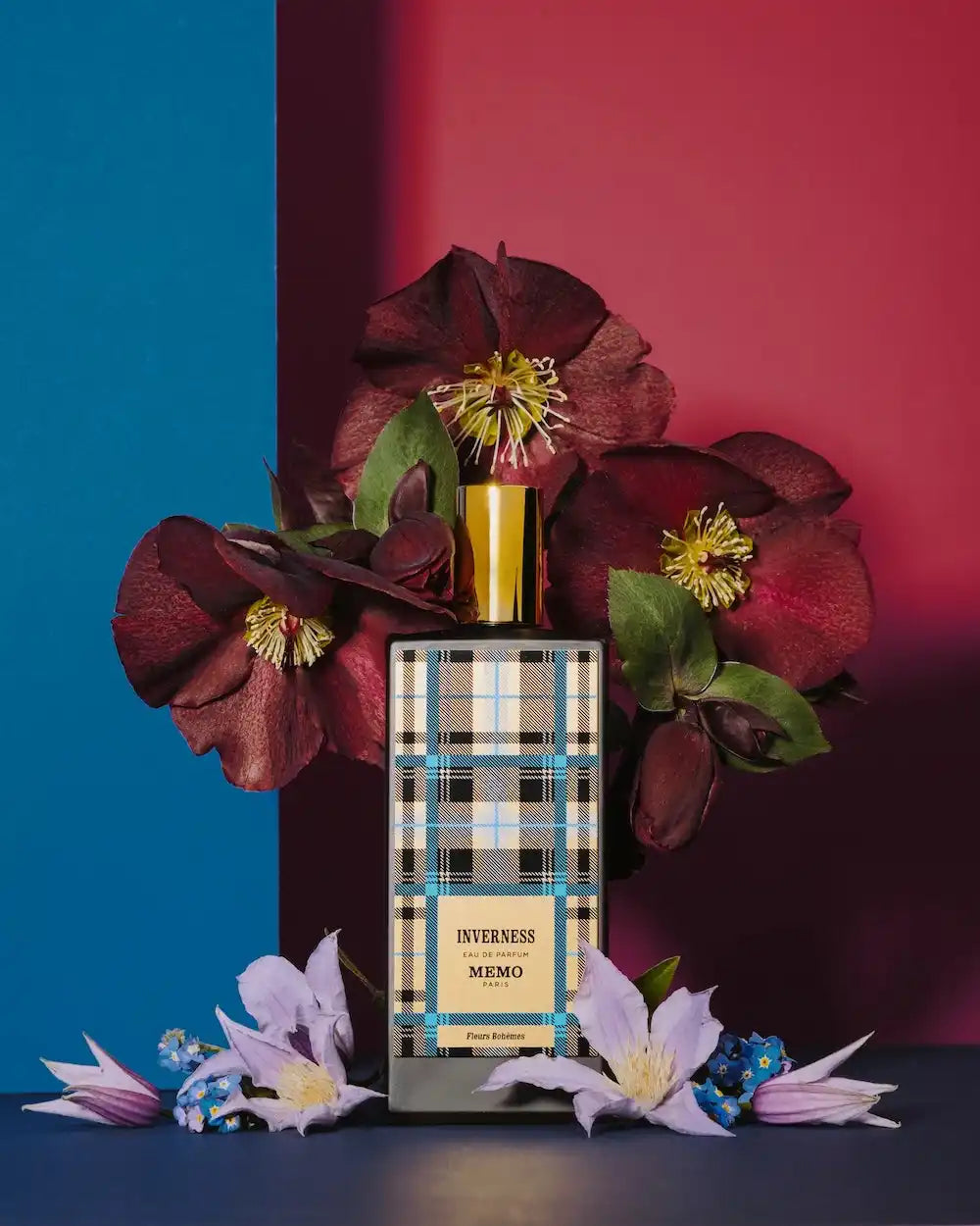 Plaid-patterned perfume bottle.