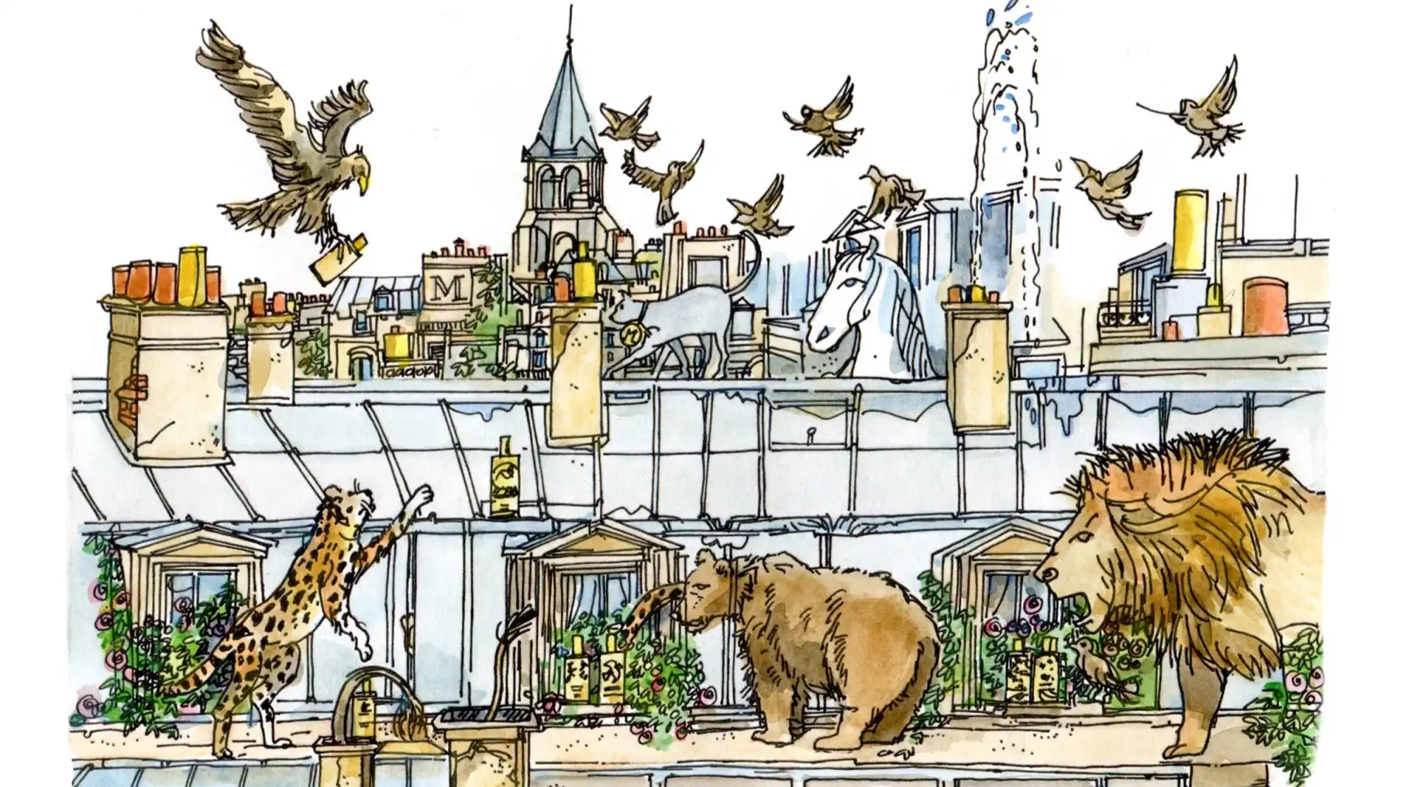 Whimsical cityscape with animals.