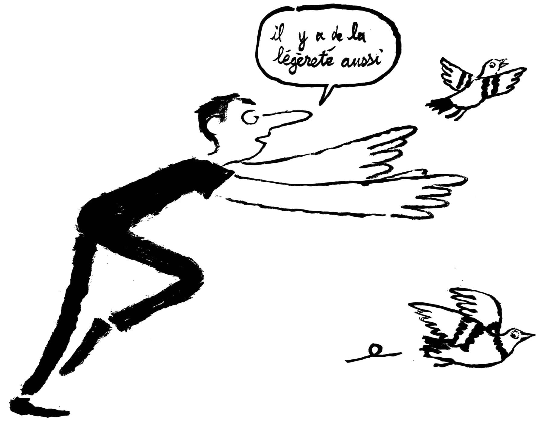 A black-and-white line drawing of a man with an elongated nose reaching out toward two birds in flight.