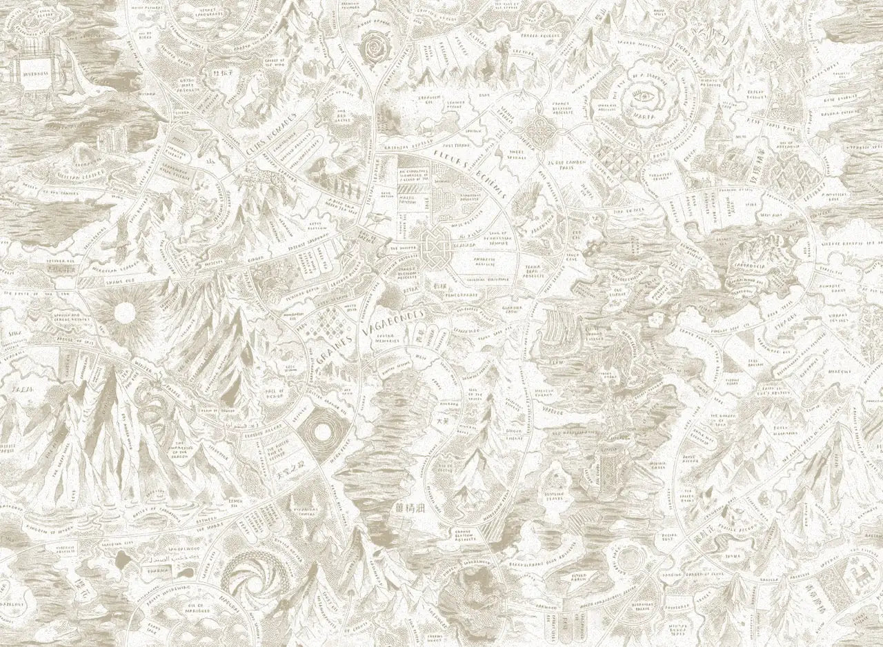 A detailed, fantasy-style map primarily in shades of white and light brown.