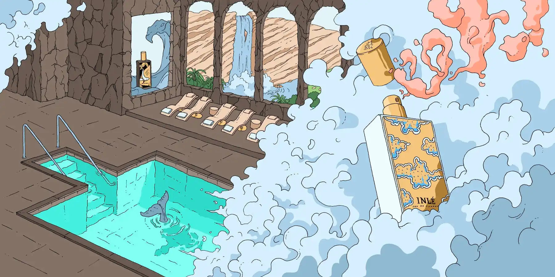 Surreal spa scene.
