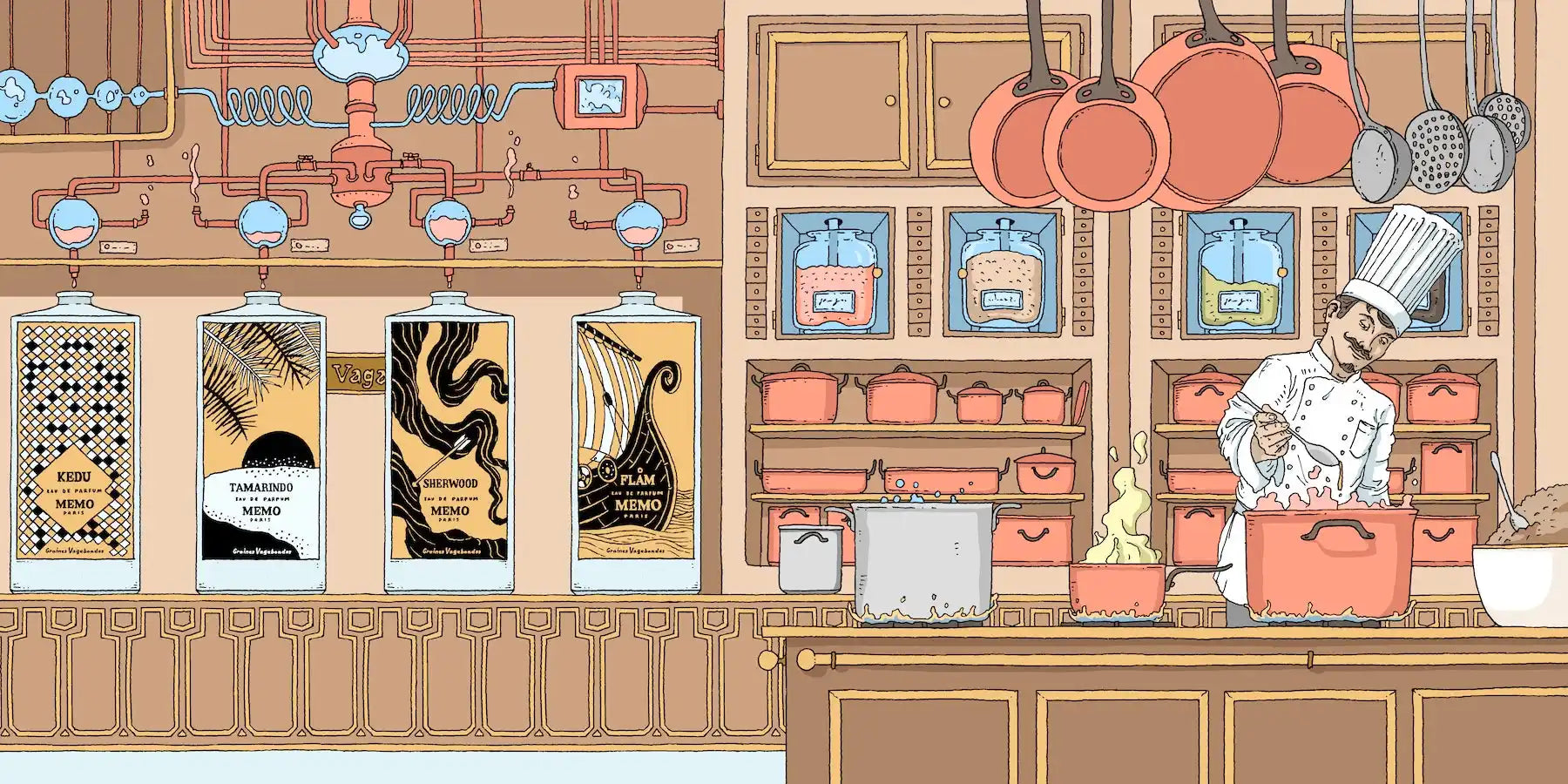 Whimsical kitchen scene with chef and ingredient dispensers.